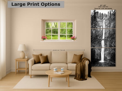 Multnomah Waterfall Picture Nature Photo, Black and White, Pacific Northwest Oregon Picture Relaxation Artwork, Columbia River Gorge for Meditation, House