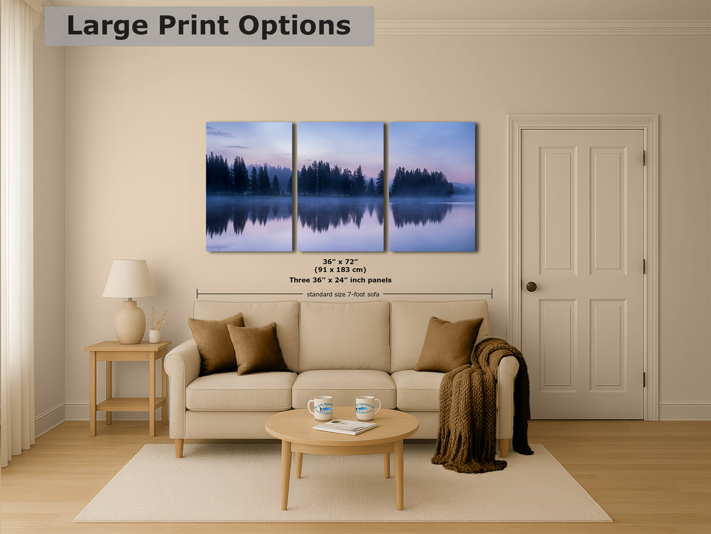 Yellowstone Lake Foggy Forest Picture, Reflection Nature Photo, Wyoming Landscape Relaxation Artwork for Meditation, Office, & House Decor