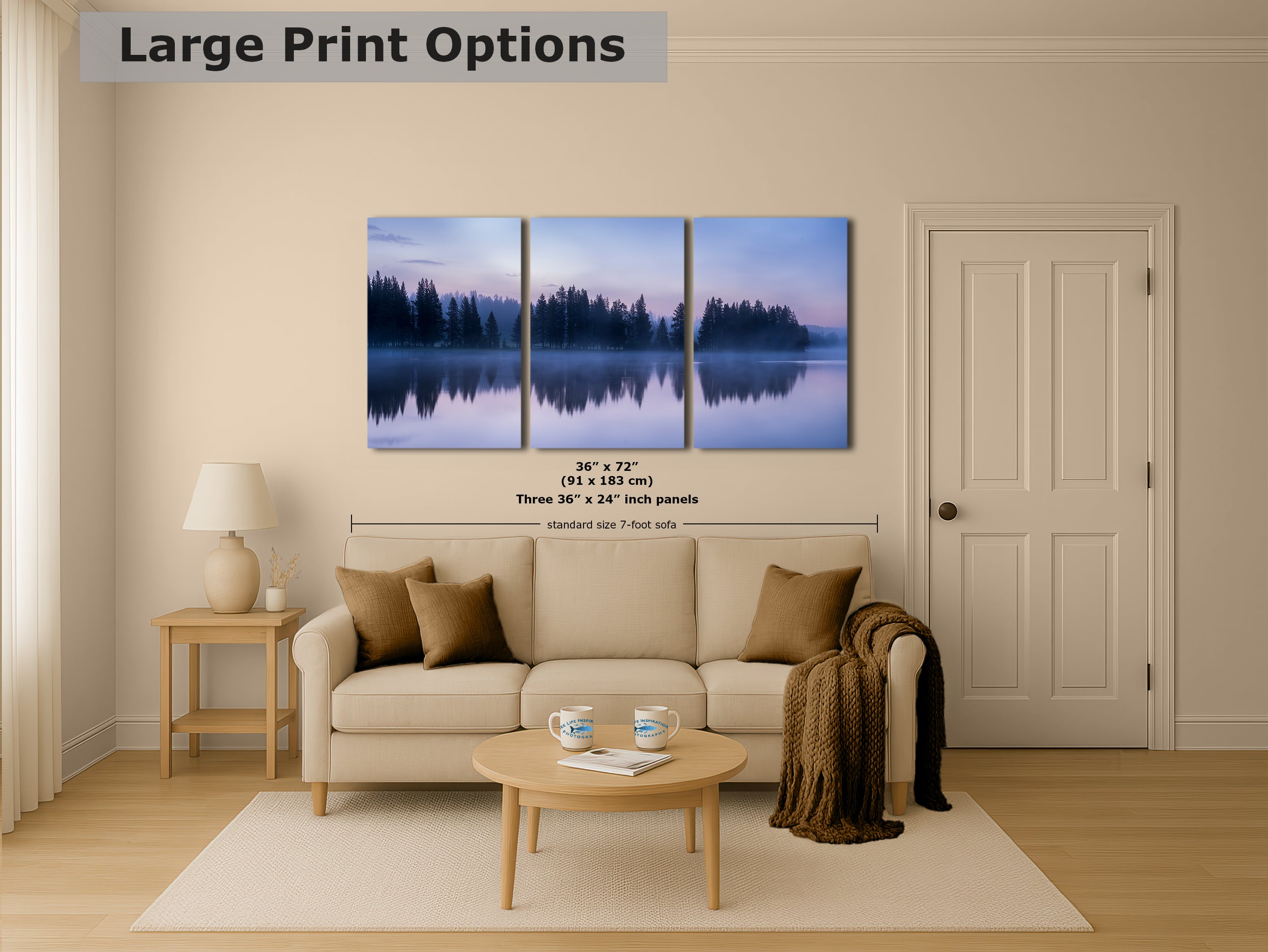 Yellowstone Lake Foggy Forest Picture, Reflection Nature Photo, Wyoming Landscape Relaxation Artwork for Meditation, Office, & House Decor