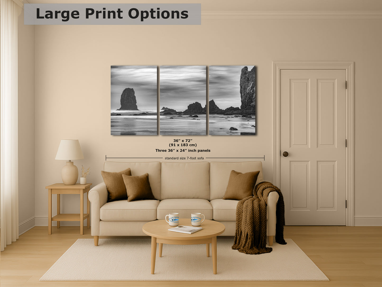Cannon Beach Oregon Coast Ocean Picture Nature Photo, Black and White Haystack Rocks, Coastal Beach House Decor for Ocean Lovers