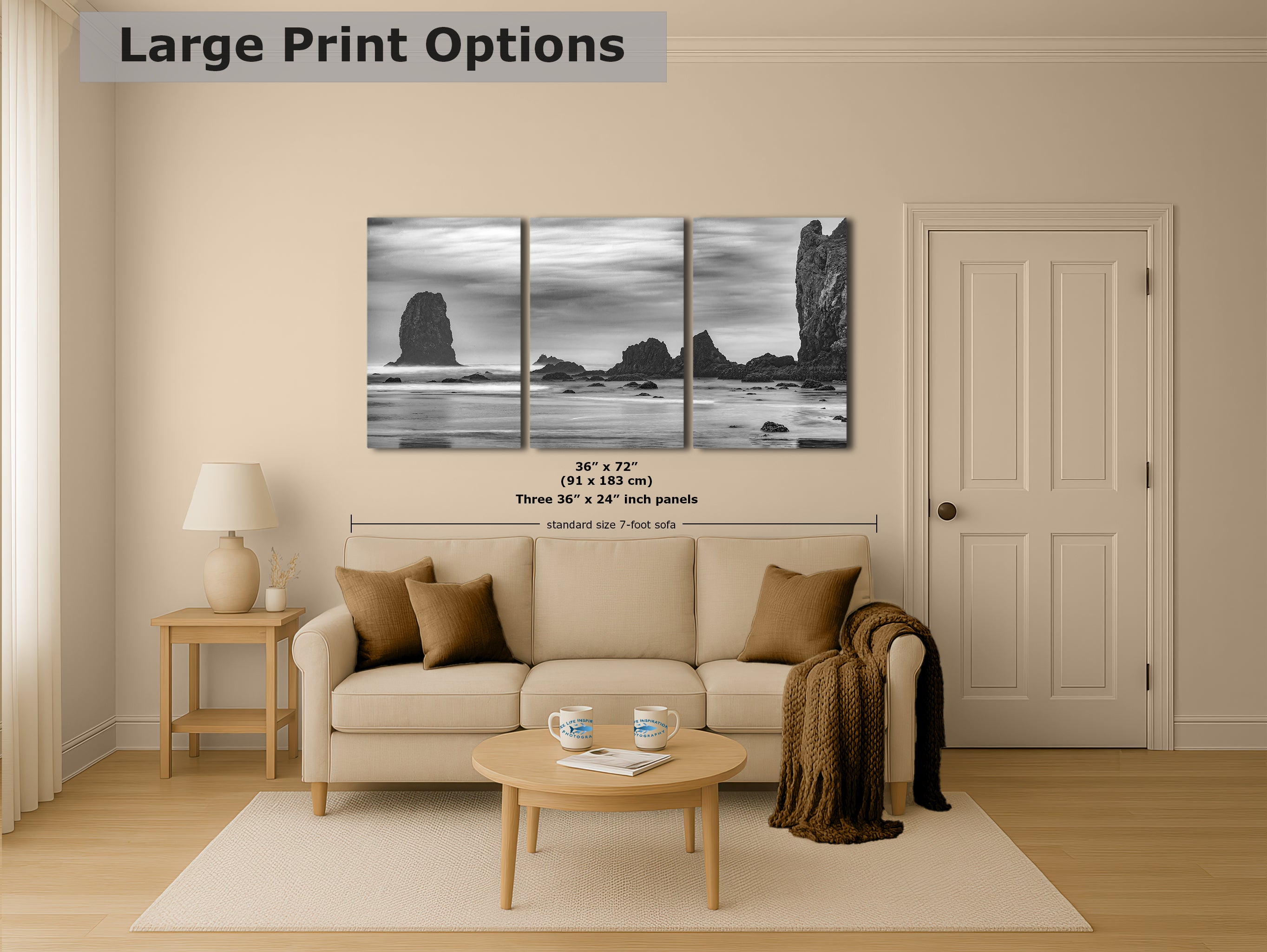 Cannon Beach Oregon Coast Ocean Picture Nature Photo, Black and White Haystack Rocks, Coastal Beach House Decor for Ocean Lovers