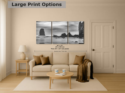 Cannon Beach Oregon Coast Ocean Picture Nature Photo, Black and White Haystack Rocks, Coastal Beach House Decor for Ocean Lovers