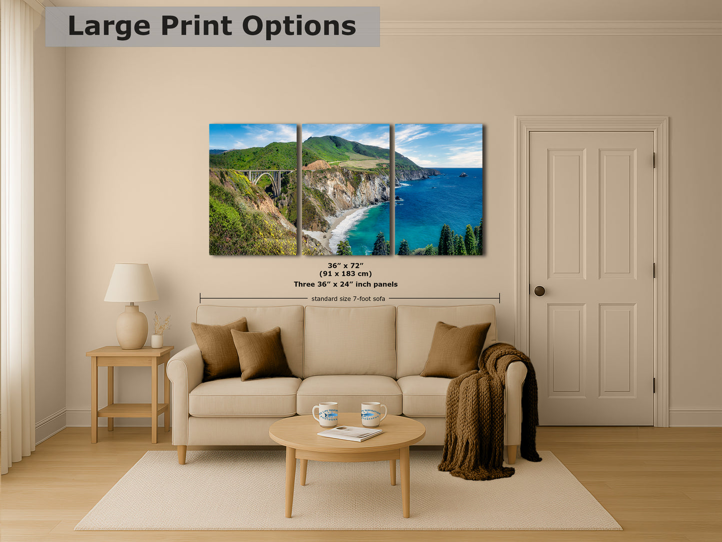 Bixby Bridge Ocean Picture, Big Sur California Coastline Nature Photo Panorama, Relaxation Artwork for Meditation, Office, & House Decor