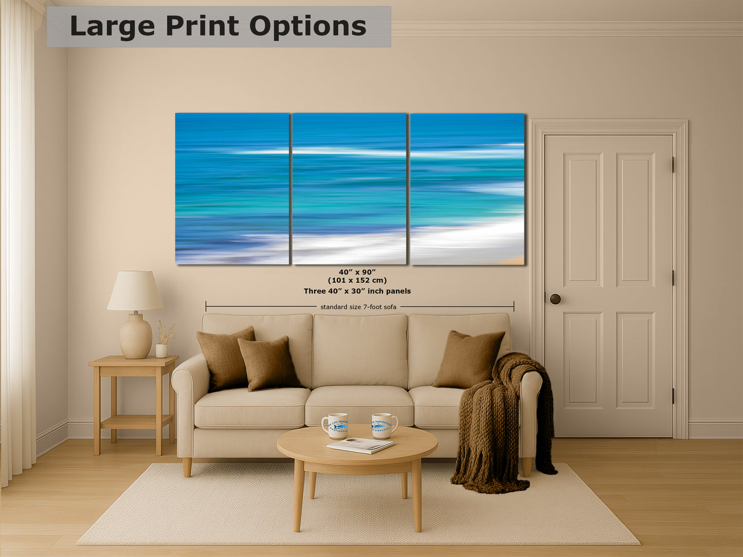Bright Beach Waves Ocean Picture Impressionist Art Nature Photo, Relaxation Artwork for Coastal Meditation, Office, and House Decor