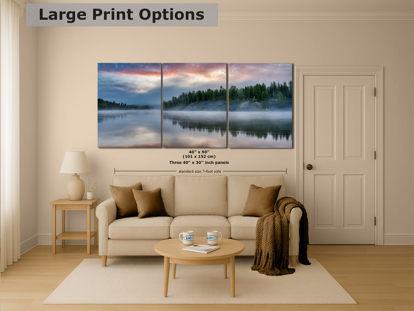 Yellowstone Lake Foggy Forest Picture, Reflection Nature Photo, Wyoming Landscape Relaxation Artwork for Meditation, Office & Home Decor