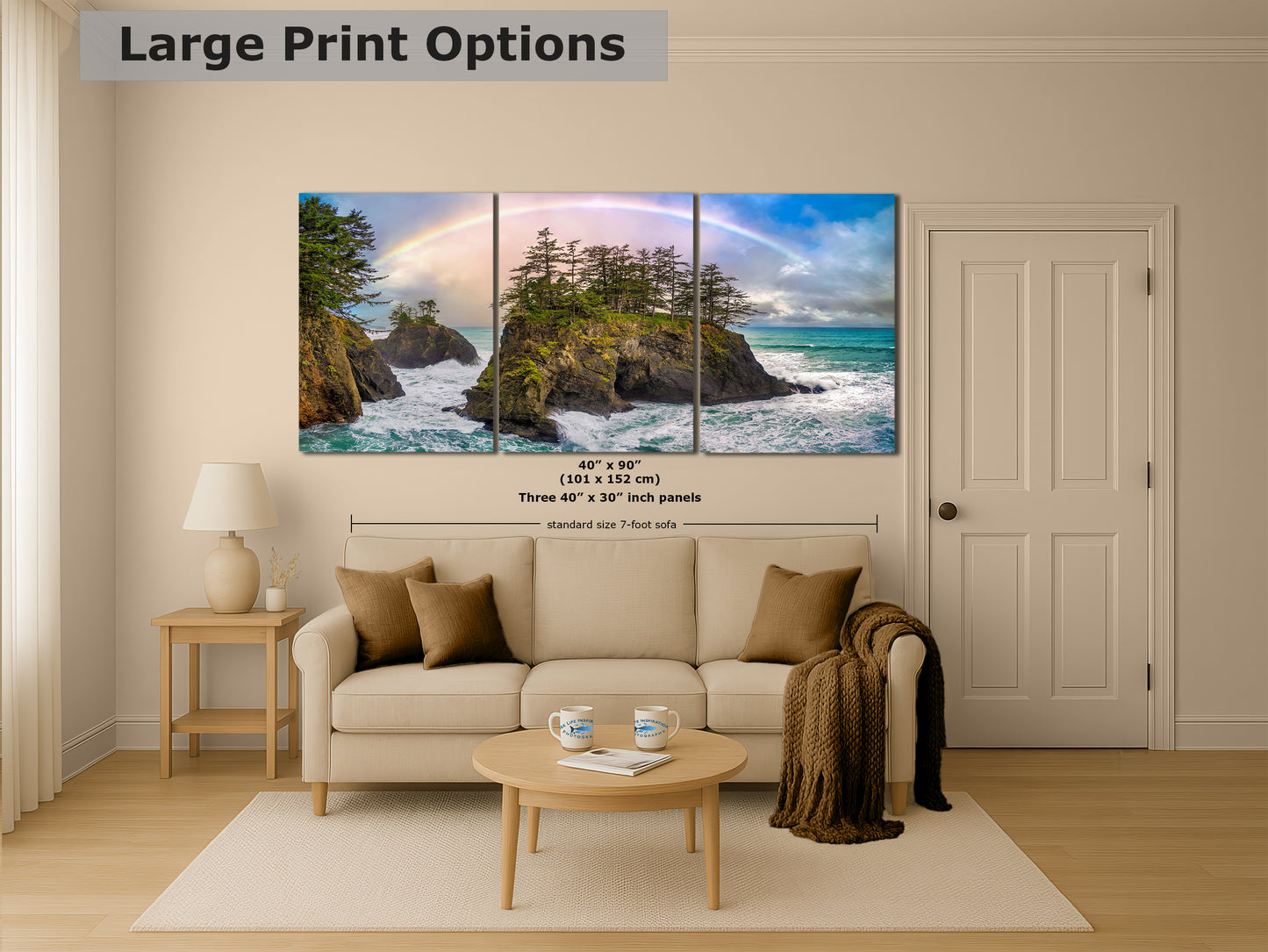 Oregon Coast Ocean Picture, Pacific Northwest Rainbow Nature Photo Relaxation Artwork for Meditation, Apartment, Office & House Decor