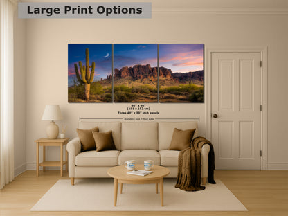Arizona Desert Picture Sunset, Saguaro Cactus Artwork Nature Photo, Southwestern Wall Art of Superstition Mountains at Lost Dutchman State Park