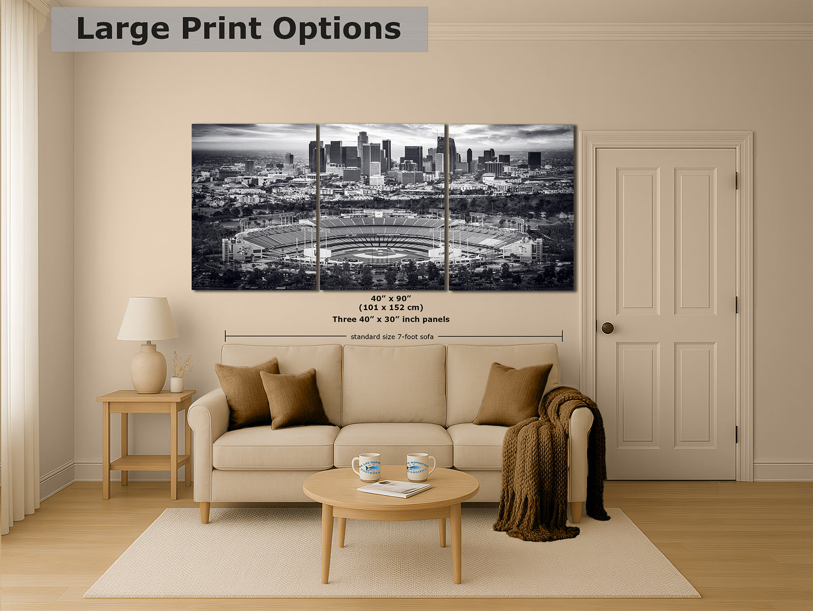 40x90 inch three-panel monochrome print of Dodger Stadium and the Los Angeles skyline, black and white baseball wall art above a sofa
