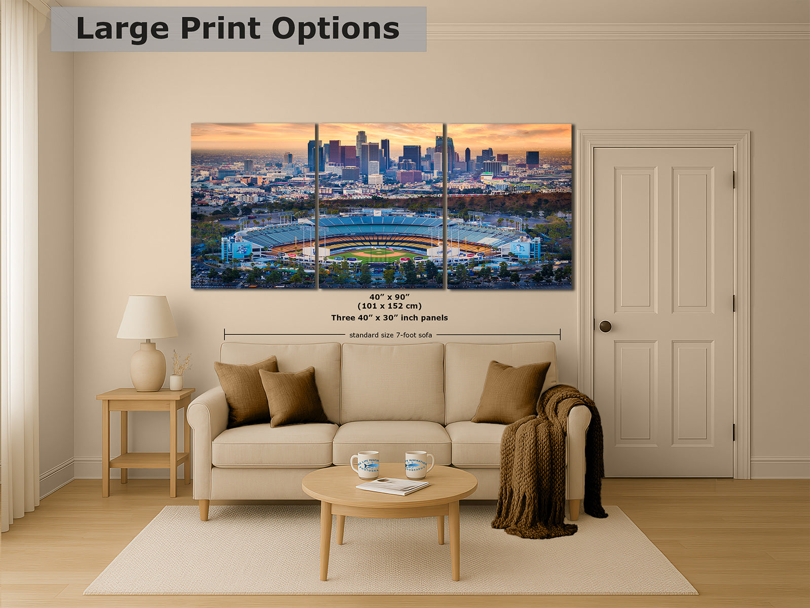 40x90 inch three-panel print of Dodger Stadium and the Los Angeles skyline at sunset, baseball wall art above a sofa