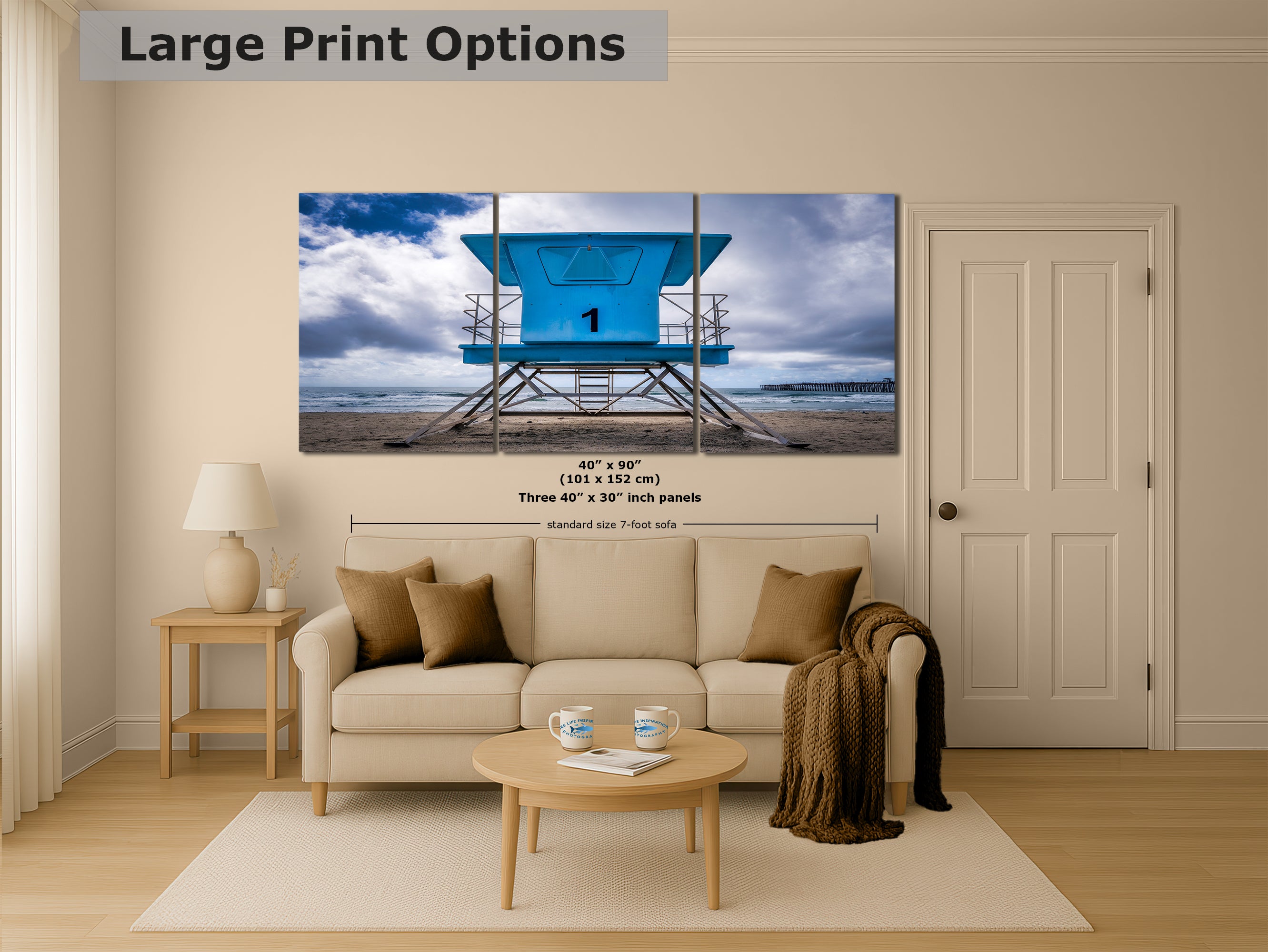 Southern California Coastline Lifeguard Tower Ocean Picture, Oceanside Pier Relaxation Artwork for Meditation, Office, Dorm, and House Decor