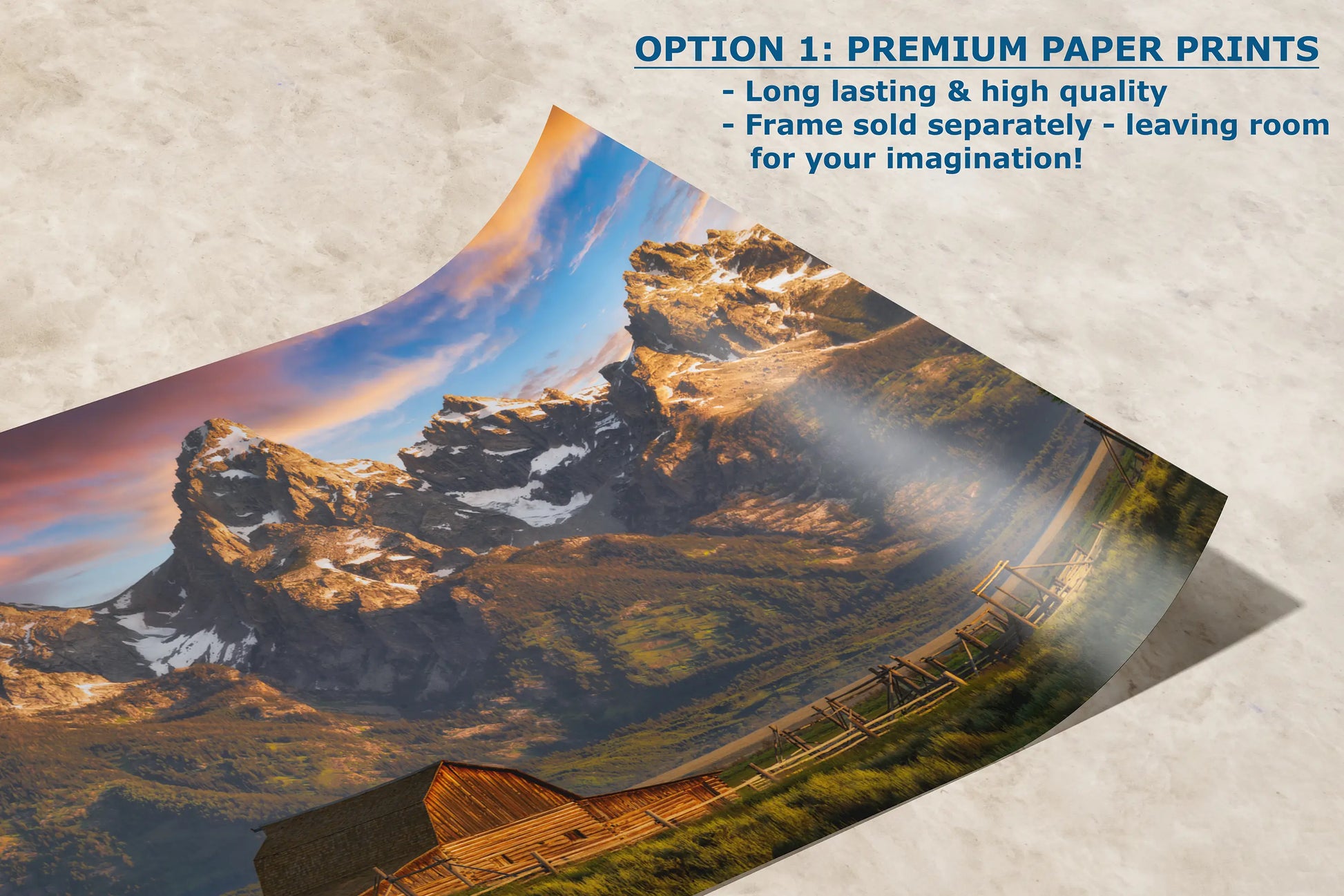 a photo of a mountain range with the text option 1 premium paper prints