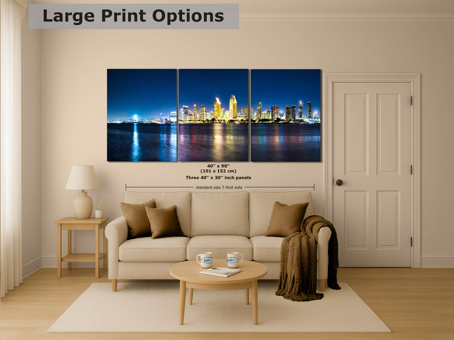 San Diego Skyline Panorama Photo, Urban Cityscape at Night Wall Art, Large Canvas Print for Living Room or Office