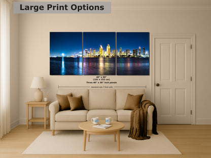 San Diego Skyline Panorama Photo, Urban Cityscape at Night Wall Art, Large Canvas Print for Living Room or Office
