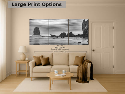 Cannon Beach Oregon Coast Ocean Picture Nature Photo, Black and White Haystack Rocks, Coastal Beach House Decor for Ocean Lovers