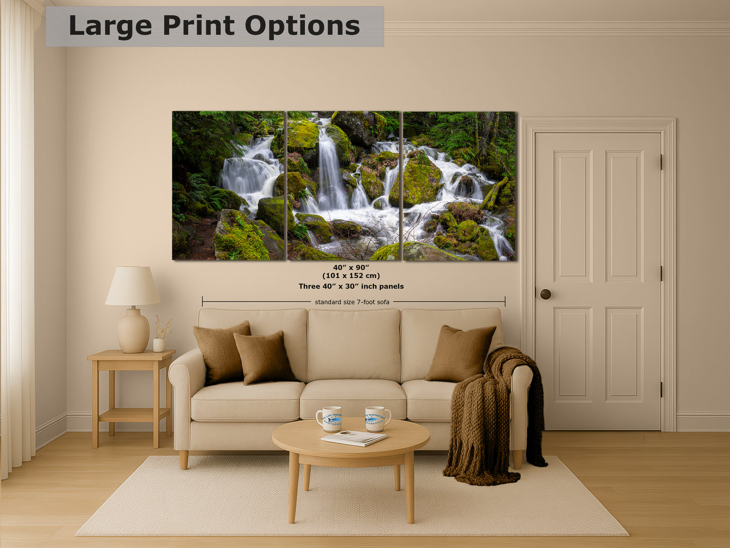 Oregon Pacific Northwest Waterfall Picture Nature Photo Relaxation Artwork in Bohemian Style for Meditation, Office, Apartment, House Decor