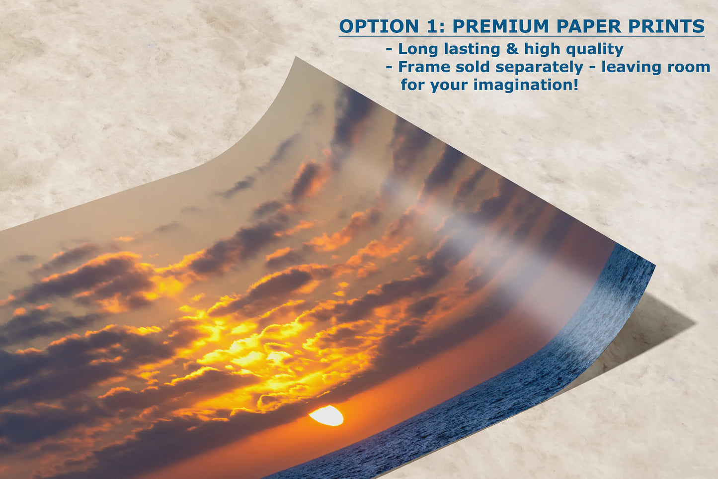 a photo of a sunset and clouds with the text option 1 premium paper prints