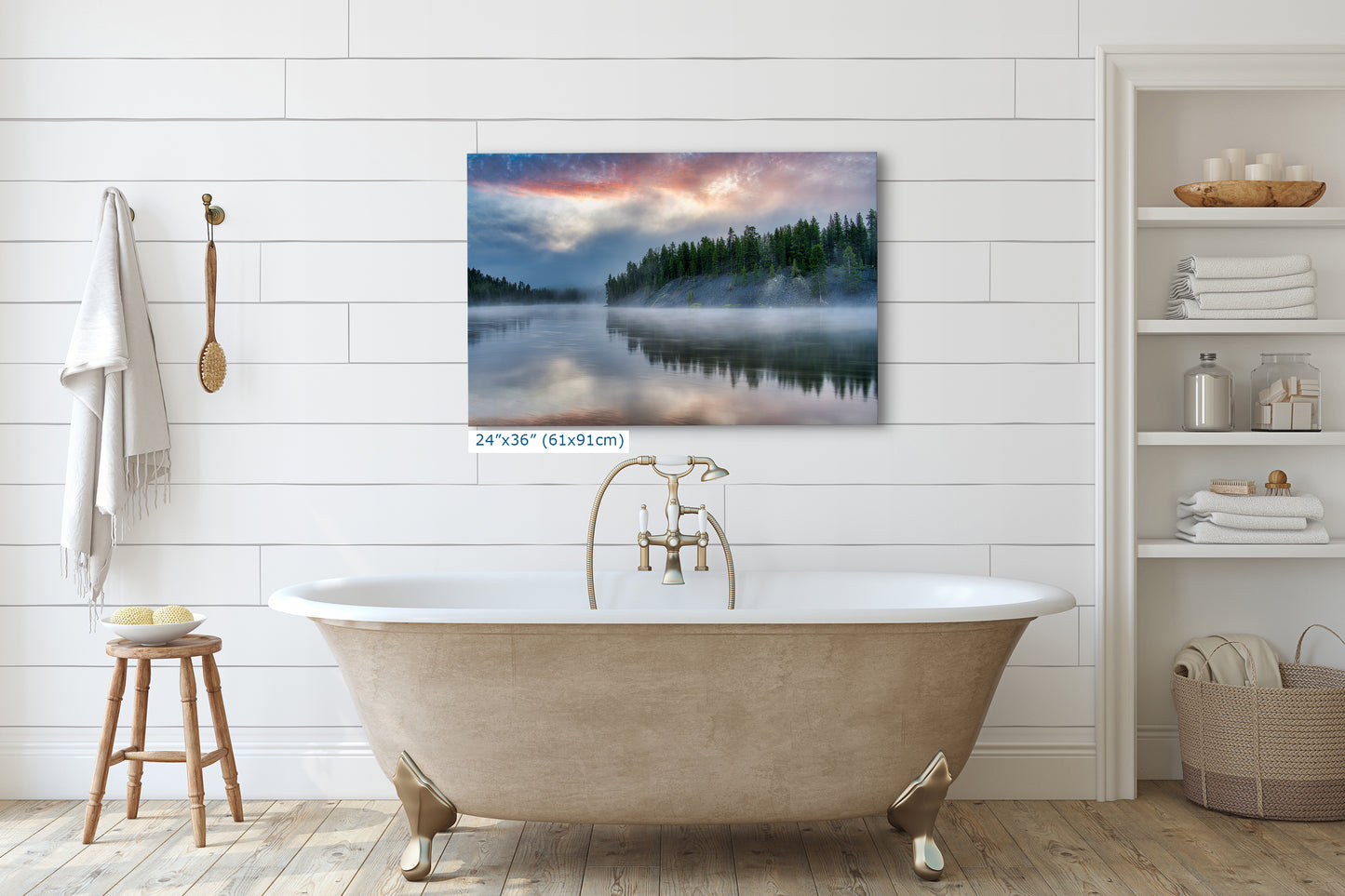 Yellowstone Lake Foggy Forest Picture, Reflection Nature Photo, Wyoming Landscape Relaxation Artwork for Meditation, Office & Home Decor