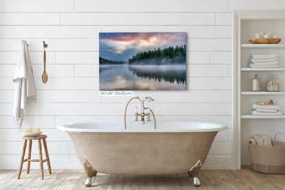 Yellowstone Lake Foggy Forest Picture, Reflection Nature Photo, Wyoming Landscape Relaxation Artwork for Meditation, Office & Home Decor