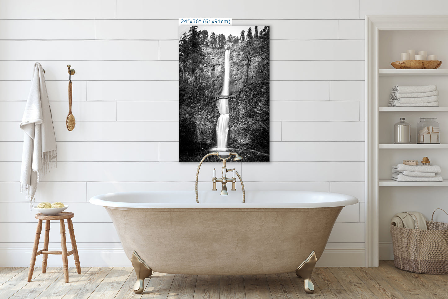 Multnomah Waterfall Picture Nature Photo, Black and White, Pacific Northwest Oregon Picture Relaxation Artwork, Columbia River Gorge for Meditation, House
