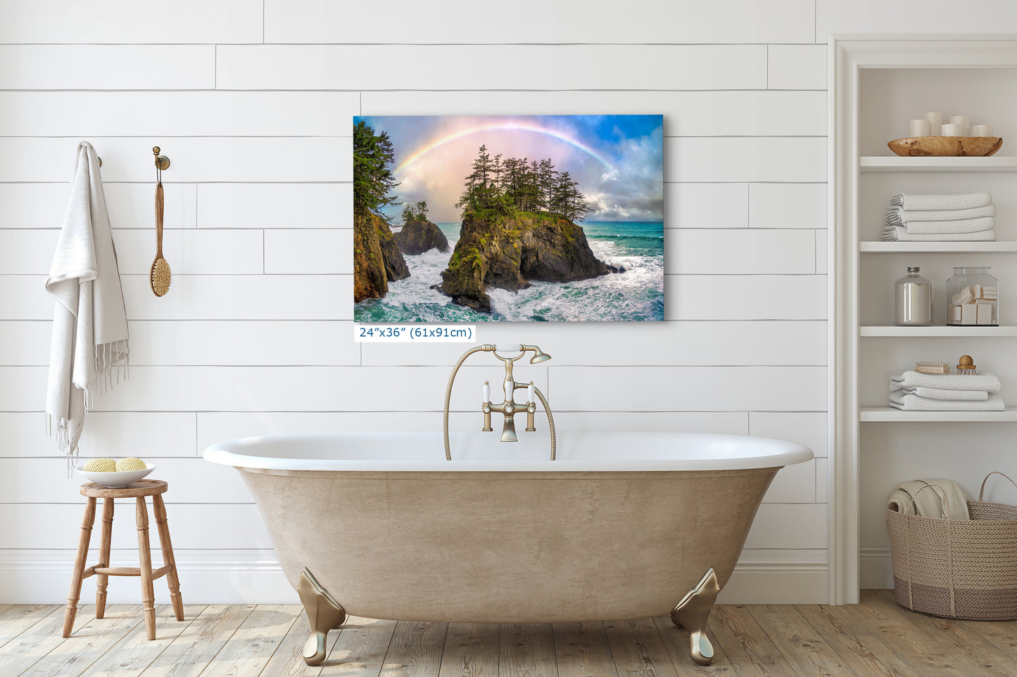 Oregon Coast Ocean Picture, Pacific Northwest Rainbow Nature Photo Relaxation Artwork for Meditation, Apartment, Office & House Decor