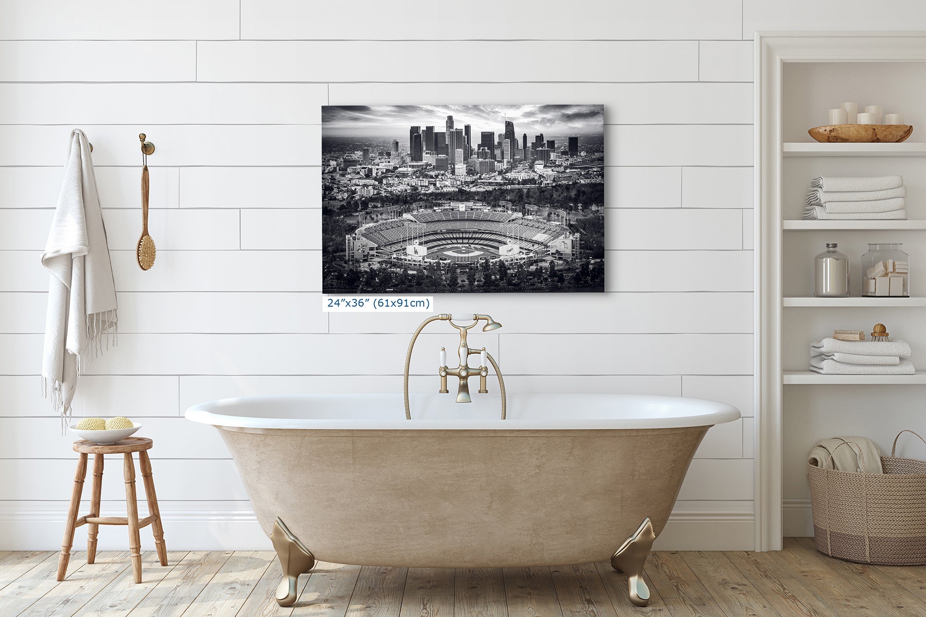 24x36 inch black and white print of Dodger Stadium and the Los Angeles skyline hung above a clawfoot bathtub, monochrome baseball wall art
