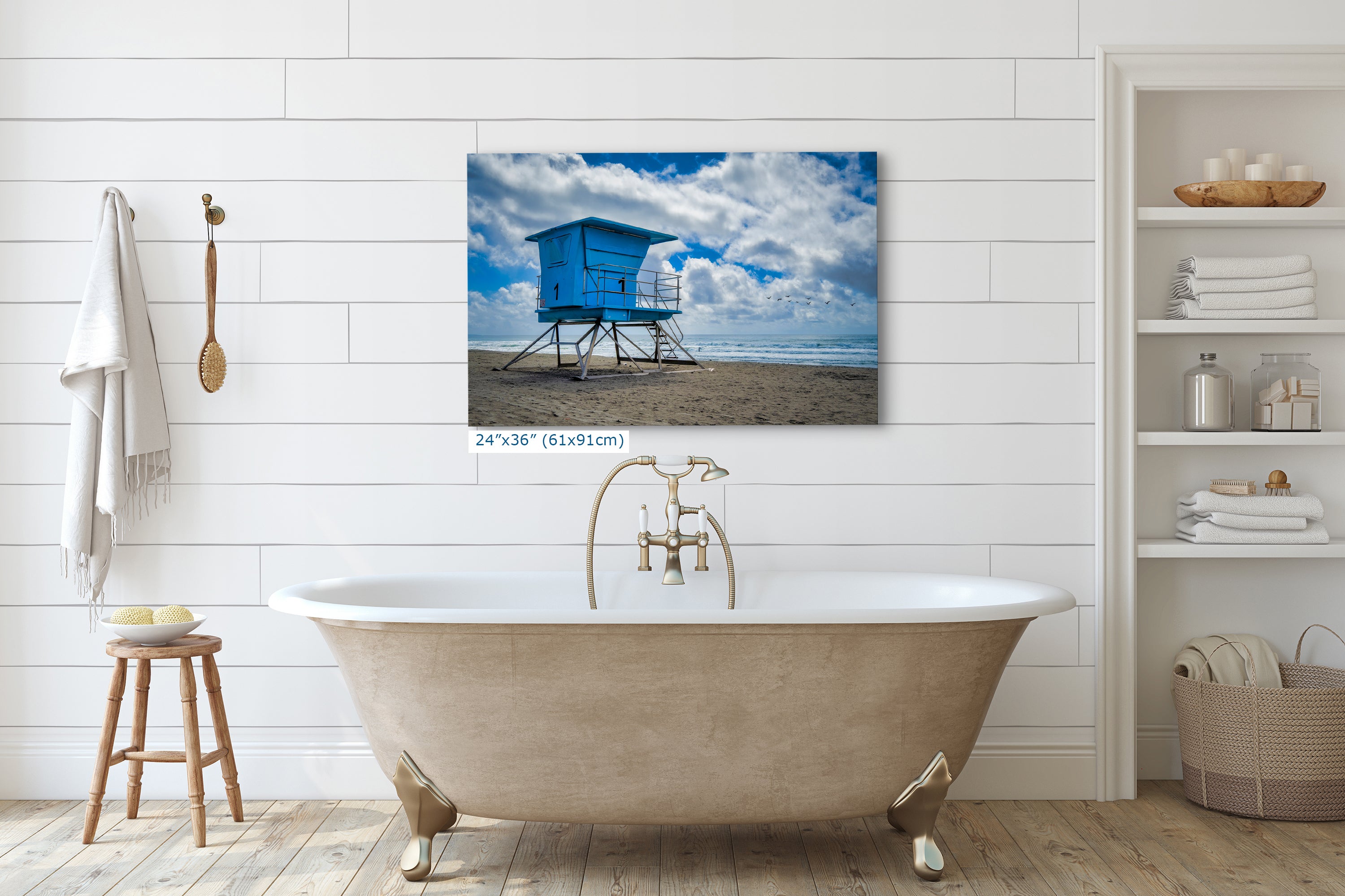 Southern California Coastline Lifeguard Tower Ocean Picture, Oceanside Relaxation Artwork for Meditation, Office, Dorm, and House Decor
