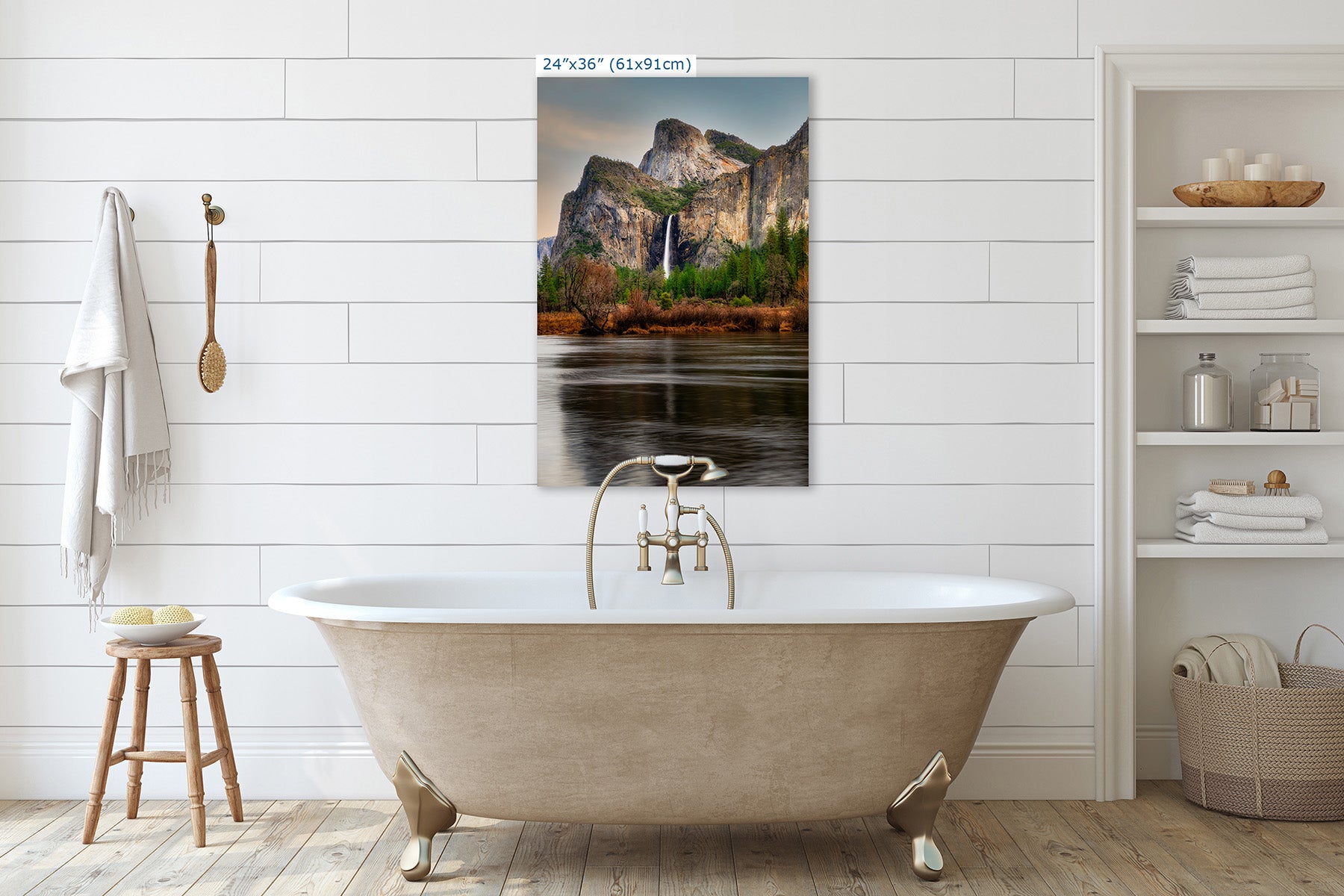 24x36 inch fine art nature photography print of Yosemite Valley and Bridalveil Fall above a clawfoot tub in a white bathroom
