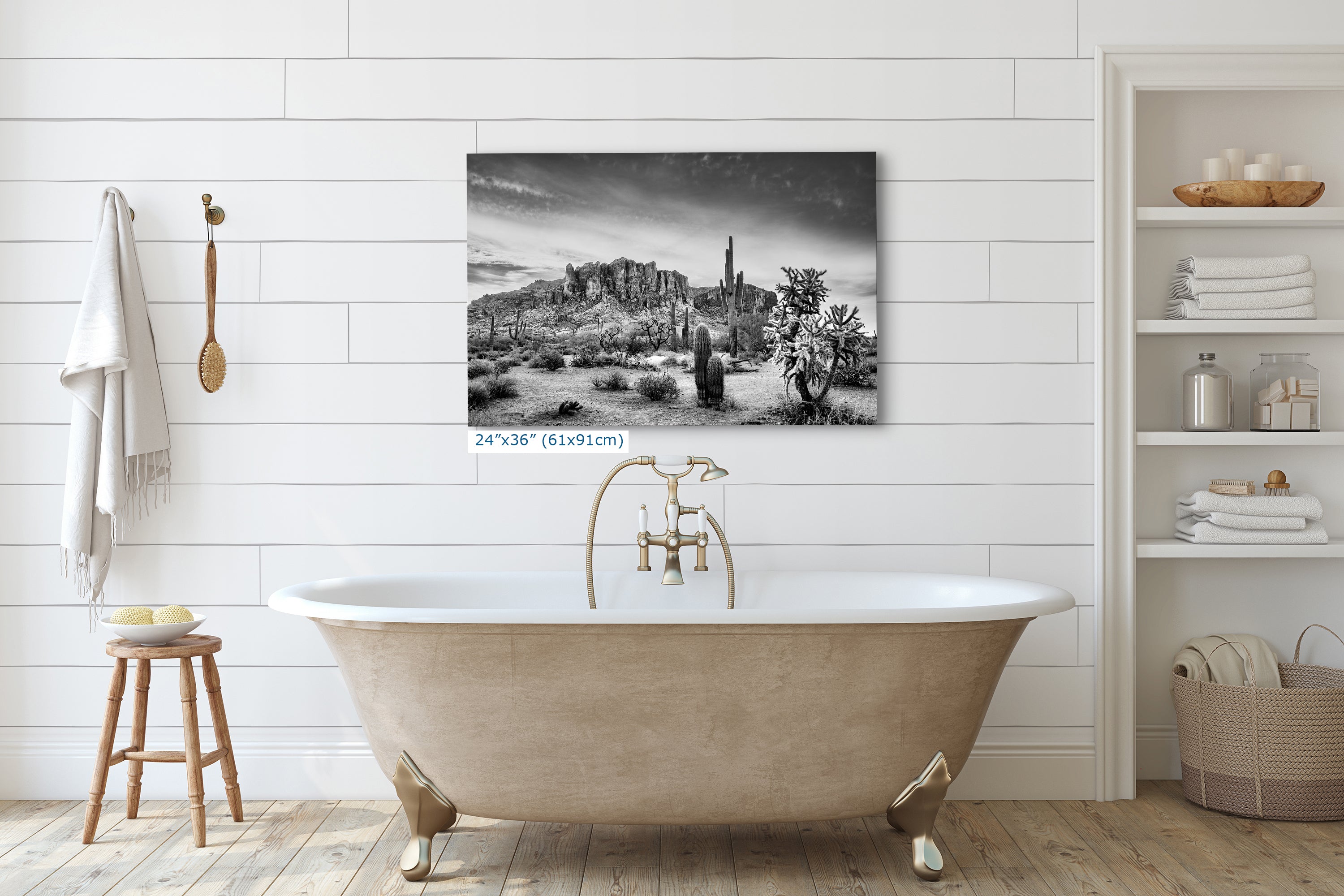 Arizona Desert Picture in Black and White, Saguaro Cactus Artwork Nature Photo, Southwestern Wall Art of Superstition Mountains at Lost Dutchman State Park