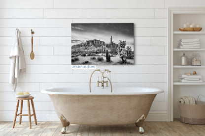 Arizona Desert Picture in Black and White, Saguaro Cactus Artwork Nature Photo, Southwestern Wall Art of Superstition Mountains at Lost Dutchman State Park