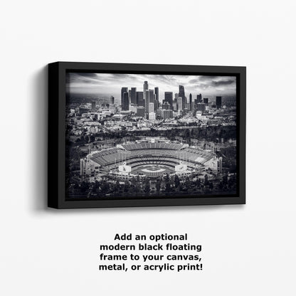 Dodgers Stadium & Los Angeles Sunrise: Black and White LA Skyline Baseball Field Art Print - MLB Cityscape Photography Poster