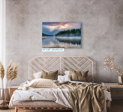 Yellowstone Lake Foggy Forest Picture, Reflection Nature Photo, Wyoming Landscape Relaxation Artwork for Meditation, Office & Home Decor