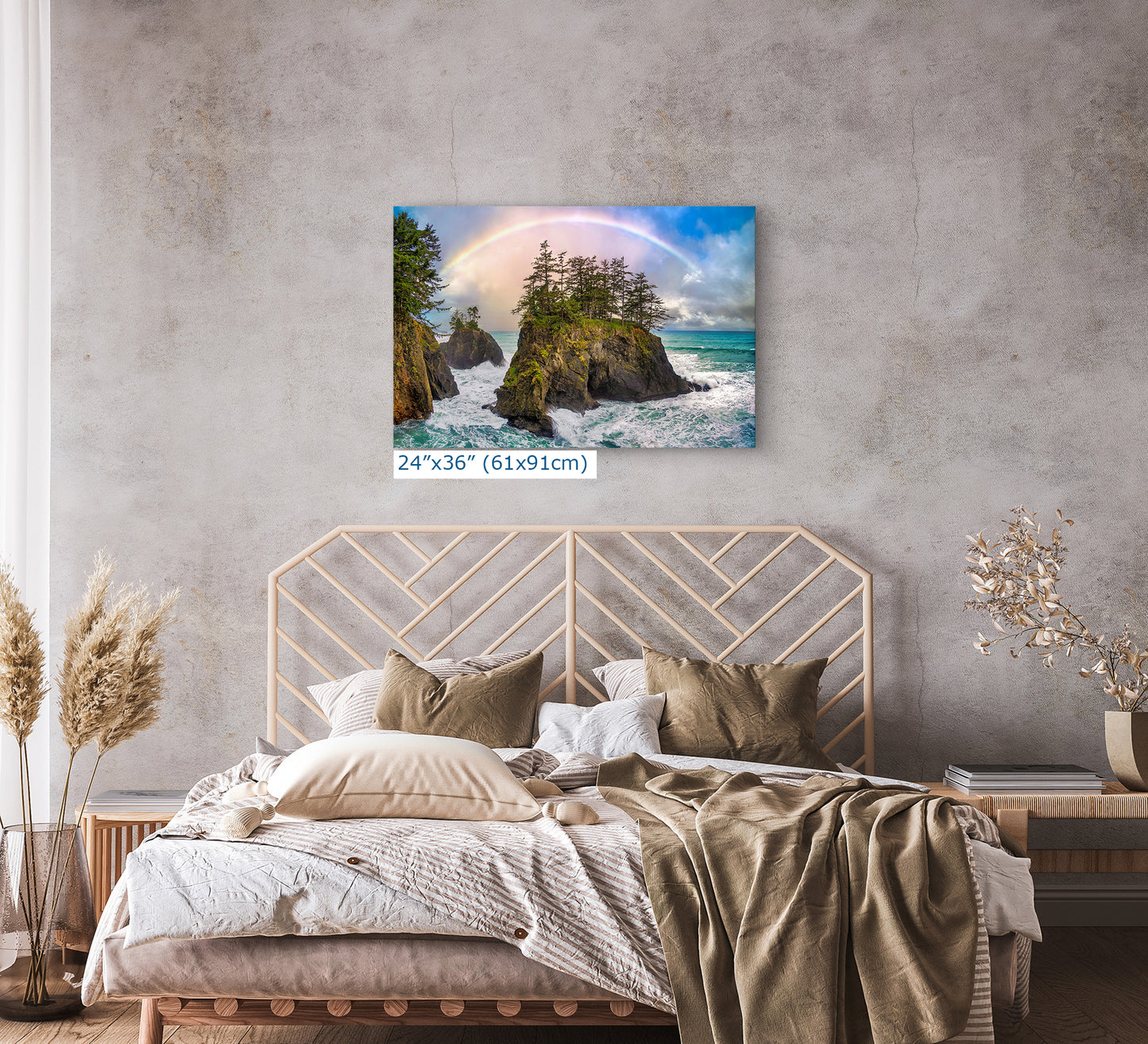 Oregon Coast Ocean Picture, Pacific Northwest Rainbow Nature Photo Relaxation Artwork for Meditation, Apartment, Office & House Decor