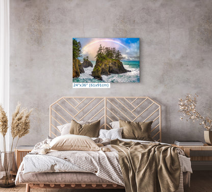 Oregon Coast Ocean Picture, Pacific Northwest Rainbow Nature Photo Relaxation Artwork for Meditation, Apartment, Office & House Decor