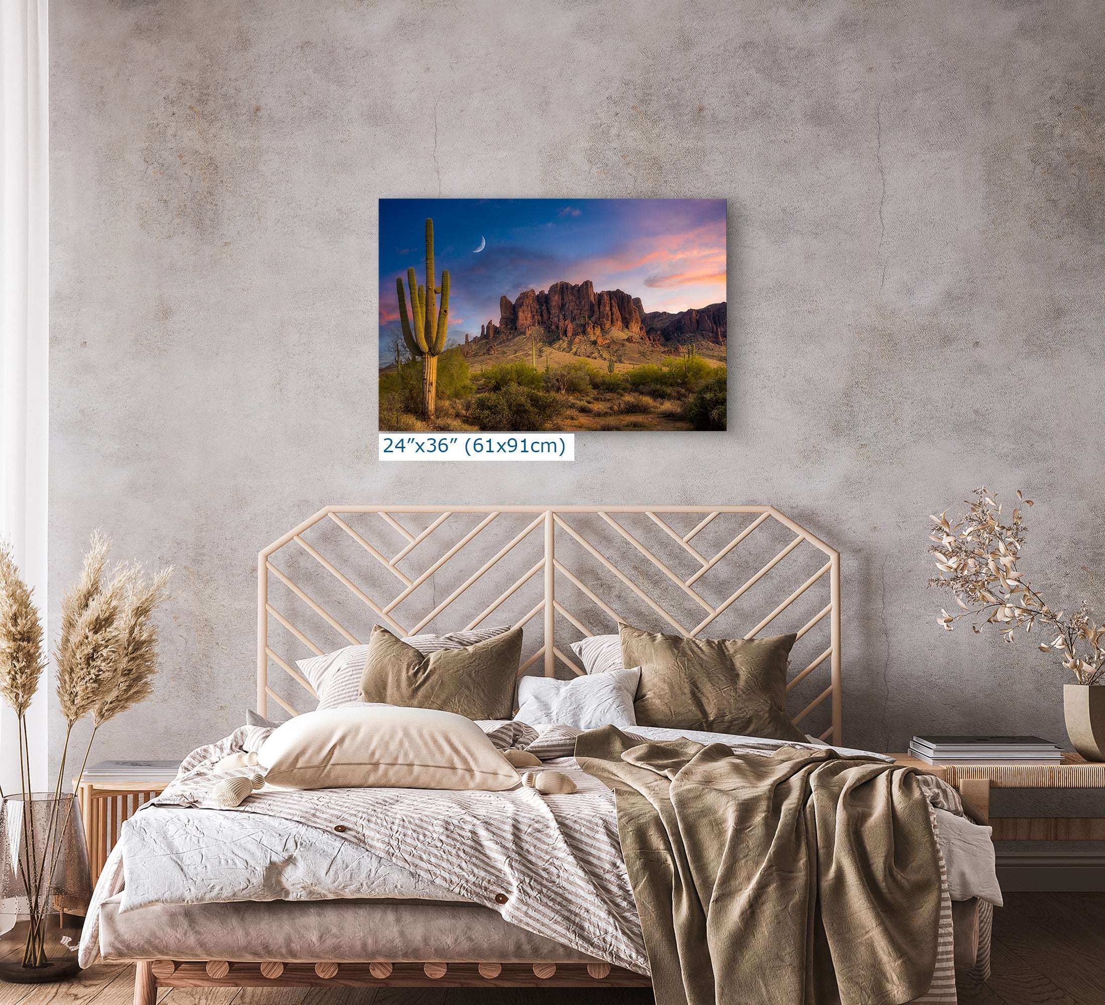 Arizona Desert Picture Sunset, Saguaro Cactus Artwork Nature Photo, Southwestern Wall Art of Superstition Mountains at Lost Dutchman State Park