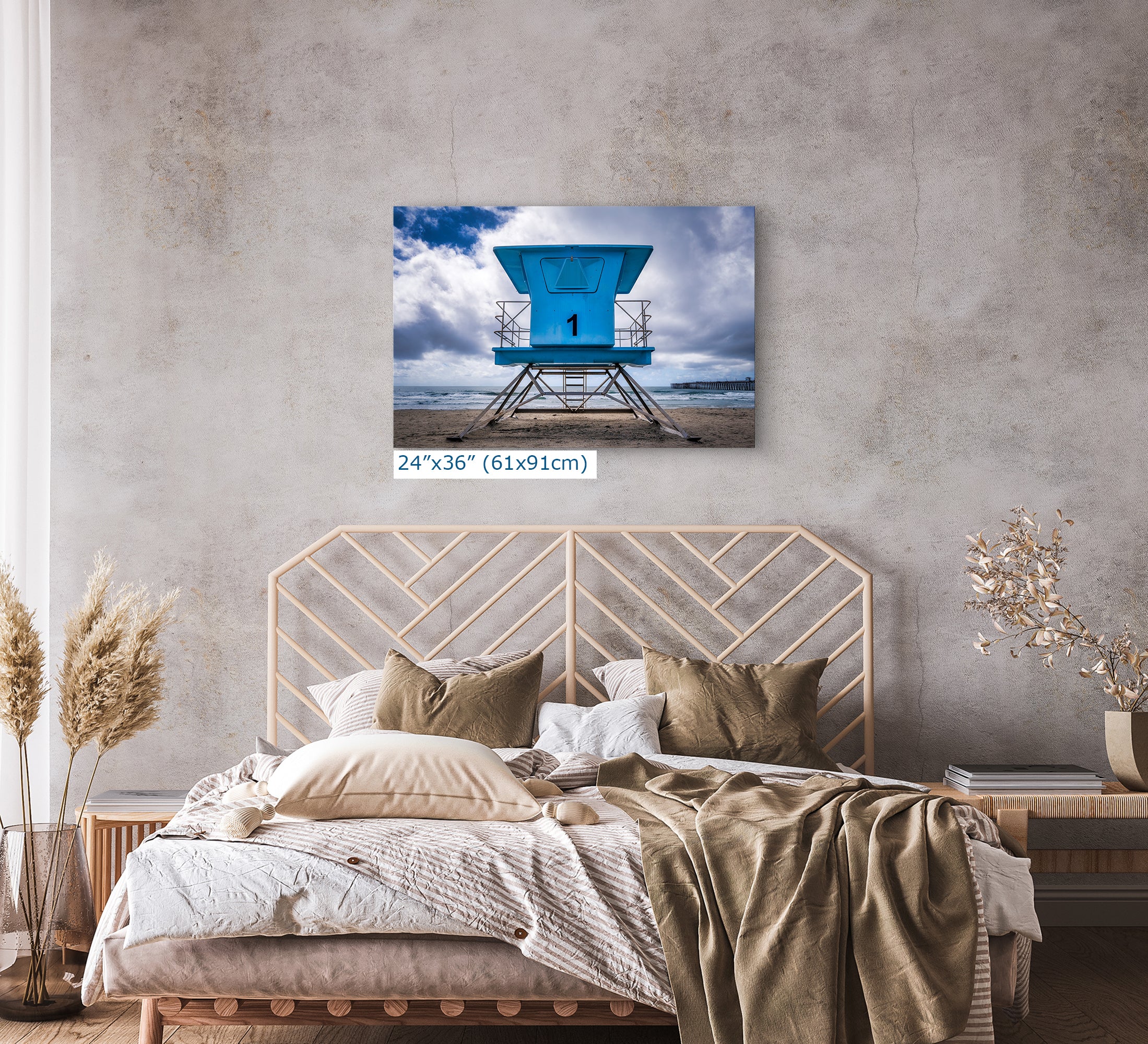 Southern California Coastline Lifeguard Tower Ocean Picture, Oceanside Pier Relaxation Artwork for Meditation, Office, Dorm, and House Decor