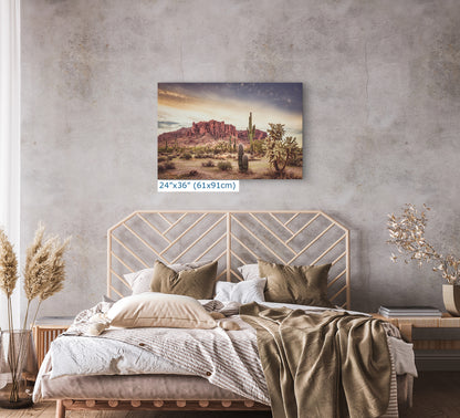 Arizona Desert Picture, Vintage Saguaro Cactus Artwork Nature Photo, Southwestern Wall Art of Superstition Mountains at Lost Dutchman State Park