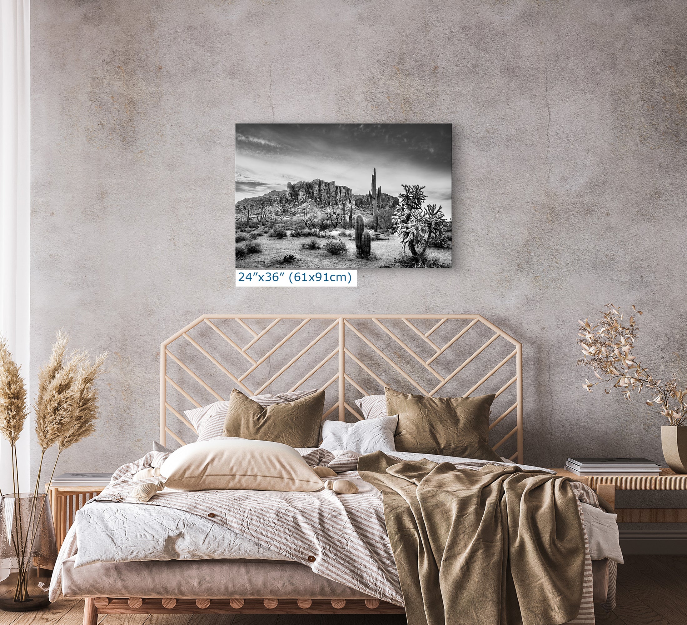 Arizona Desert Picture in Black and White, Saguaro Cactus Artwork Nature Photo, Southwestern Wall Art of Superstition Mountains at Lost Dutchman State Park