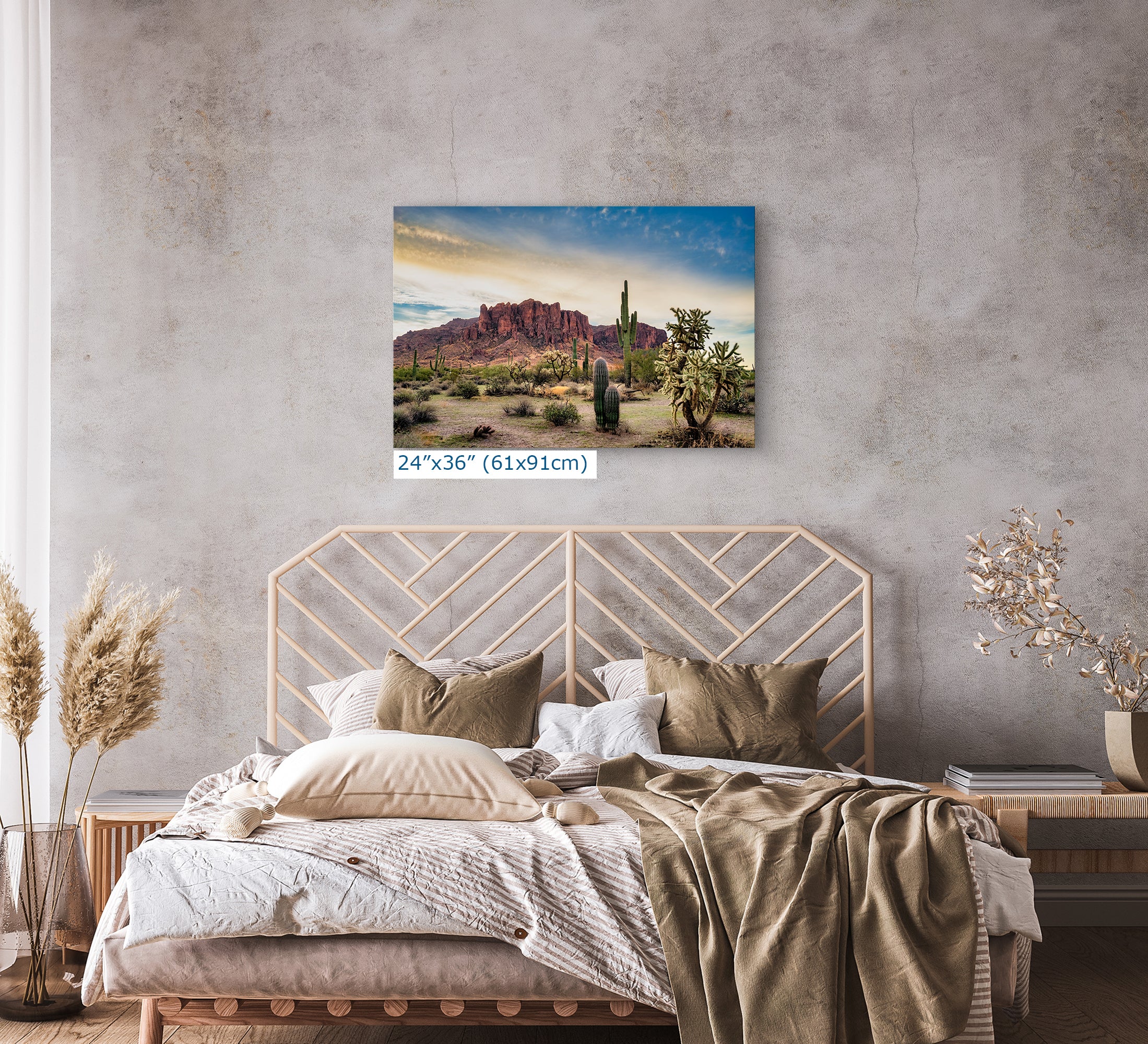 Arizona Desert Picture Wall Art Saguaro Cactus Artwork Nature Photo, Southwestern Wall Art of Superstition Mountains at Lost Dutchman State Park