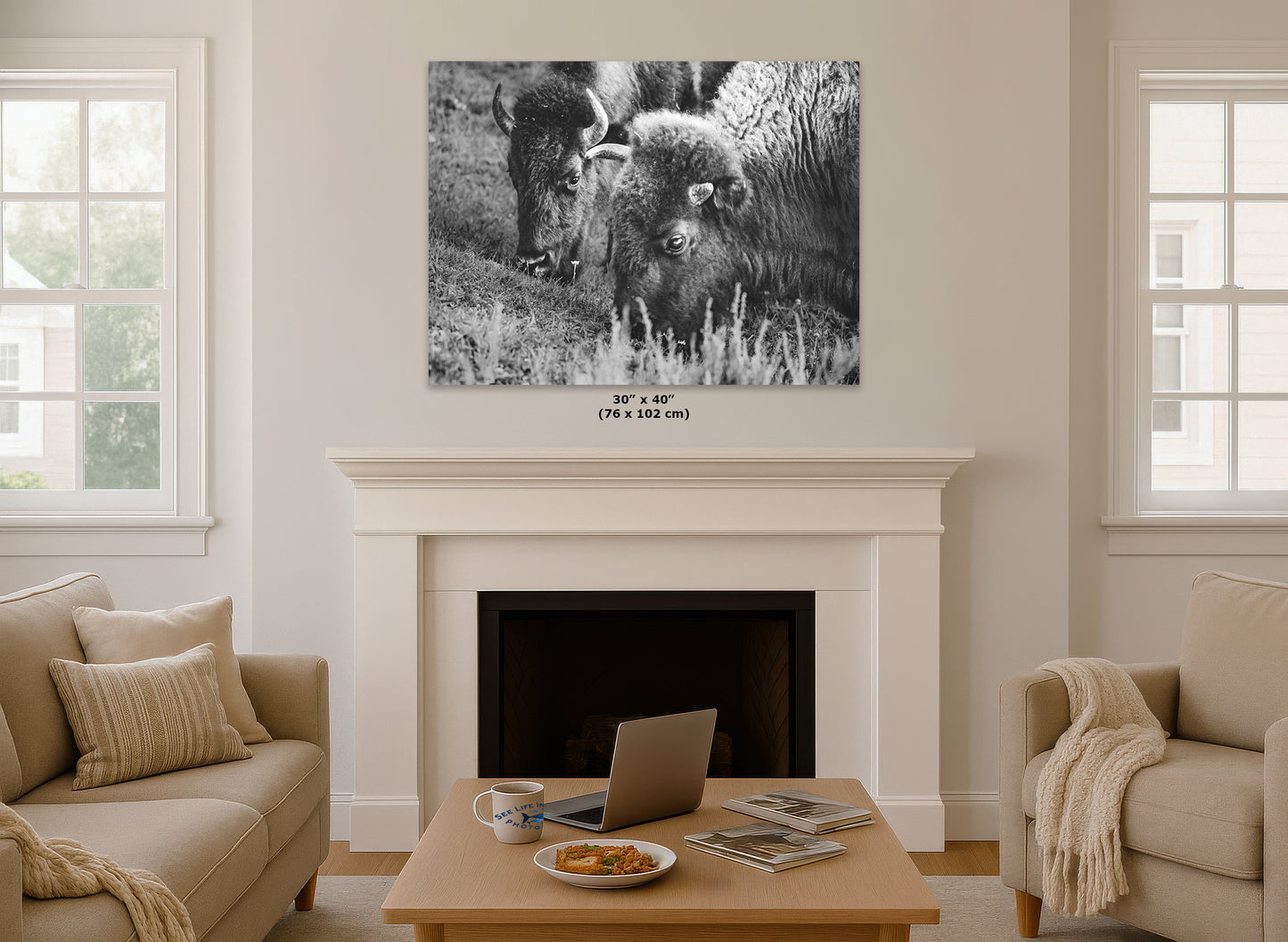 Grazing Buffalo Artwork Wildlife Photography, Black and White Bison Wall Decor, Rustic Cabin Animal Print, Nature Wall Art for Home or Office