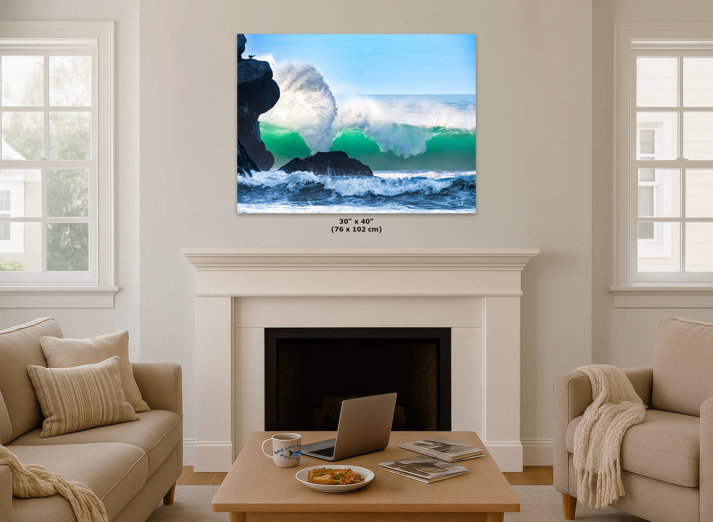 Beach Wave Ocean Picture, California Coastline Nature Photo Wall Decor, Morro Rock Artwork