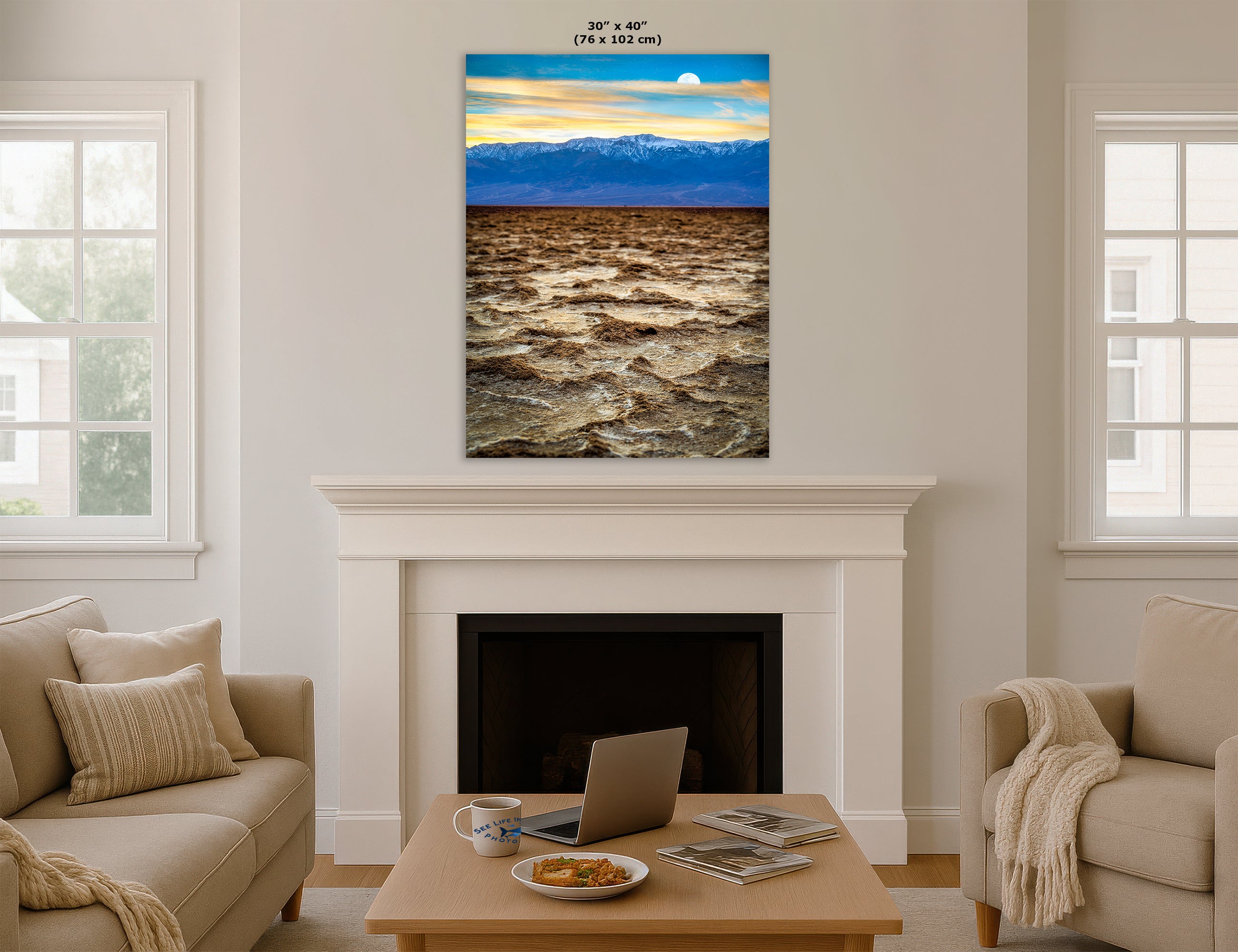 Death Valley National Park California Desert Picture Nature Photo, Badwater Basin Salt Flats and Telescope Peak Sunset Photo for House Decor