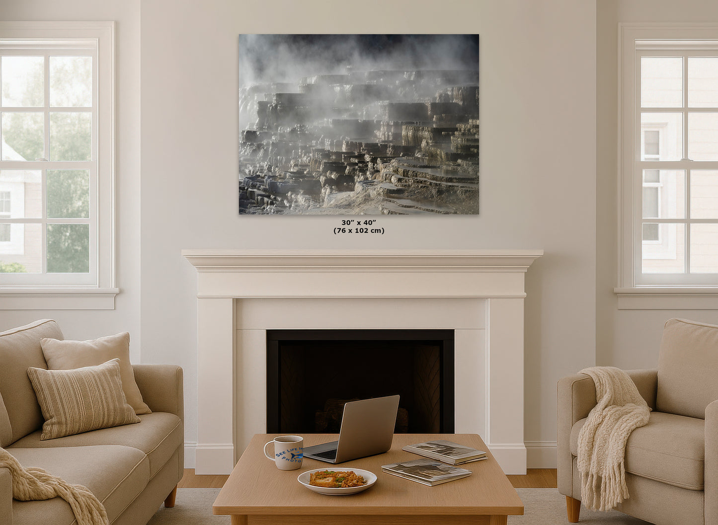 Mammoth Hot Springs Yellowstone National Park Nature Photo | Wyoming Mountain Picture Relaxation Artwork for Meditation or House Decor