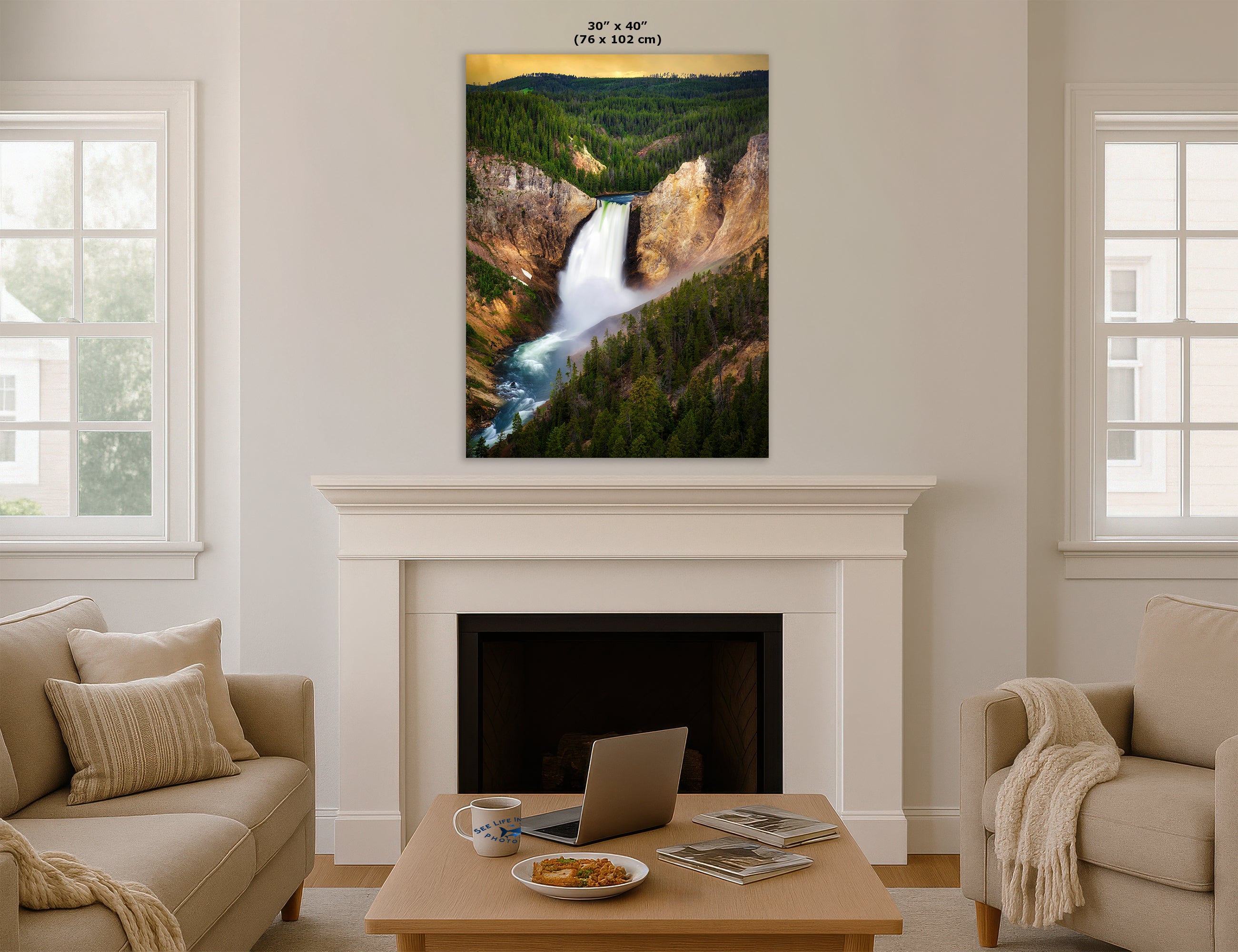 Yellowstone Falls National Park Waterfall Picture Nature Photo Relaxation Artwork Bohemian Style Wyoming Landscape, Meditation & House Decor