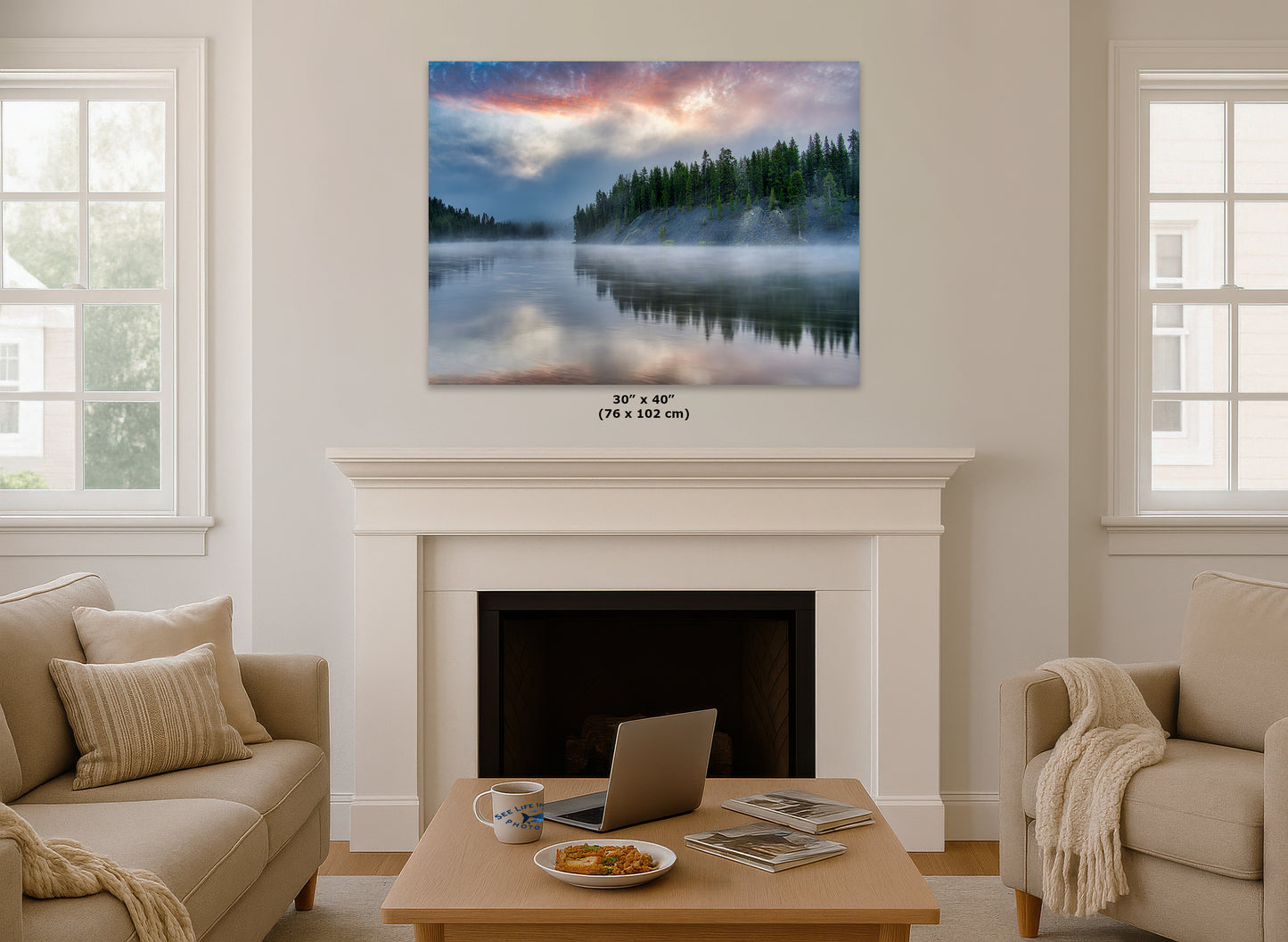 Yellowstone Lake Foggy Forest Picture, Reflection Nature Photo, Wyoming Landscape Relaxation Artwork for Meditation, Office & Home Decor