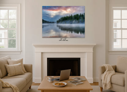 Yellowstone Lake Foggy Forest Picture, Reflection Nature Photo, Wyoming Landscape Relaxation Artwork for Meditation, Office & Home Decor