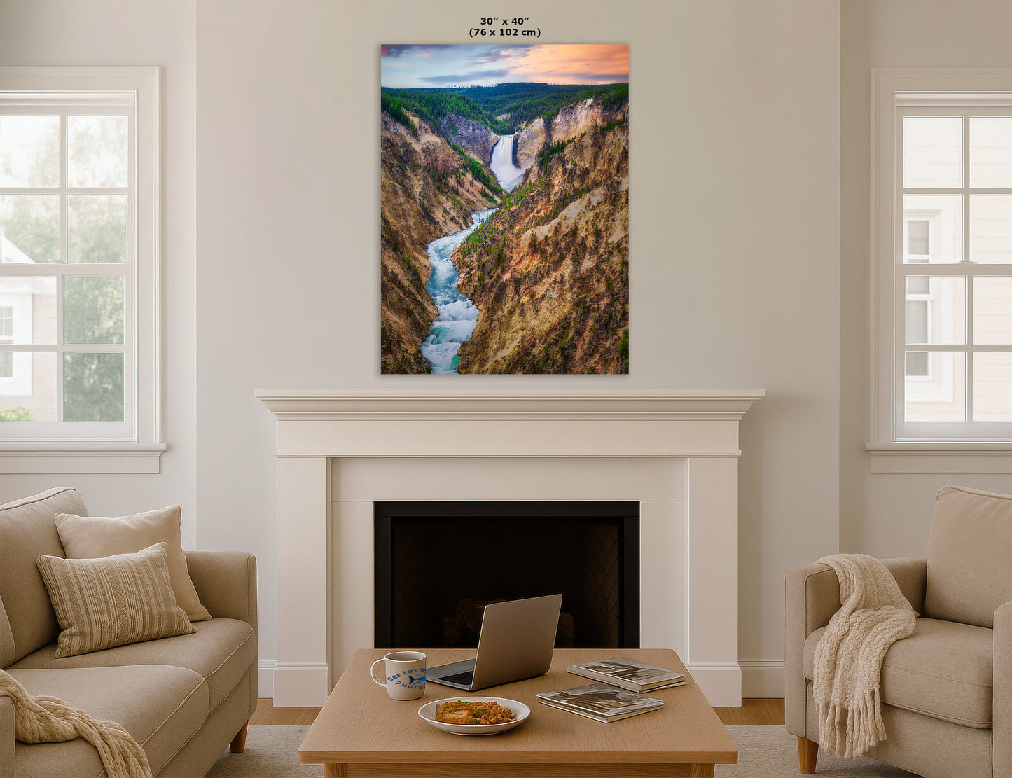 Yellowstone Falls National Park Canyon Waterfall Picture Nature Photo Relaxation Artwork Bohemian Style Wyoming Landscape, Meditation & House Decor