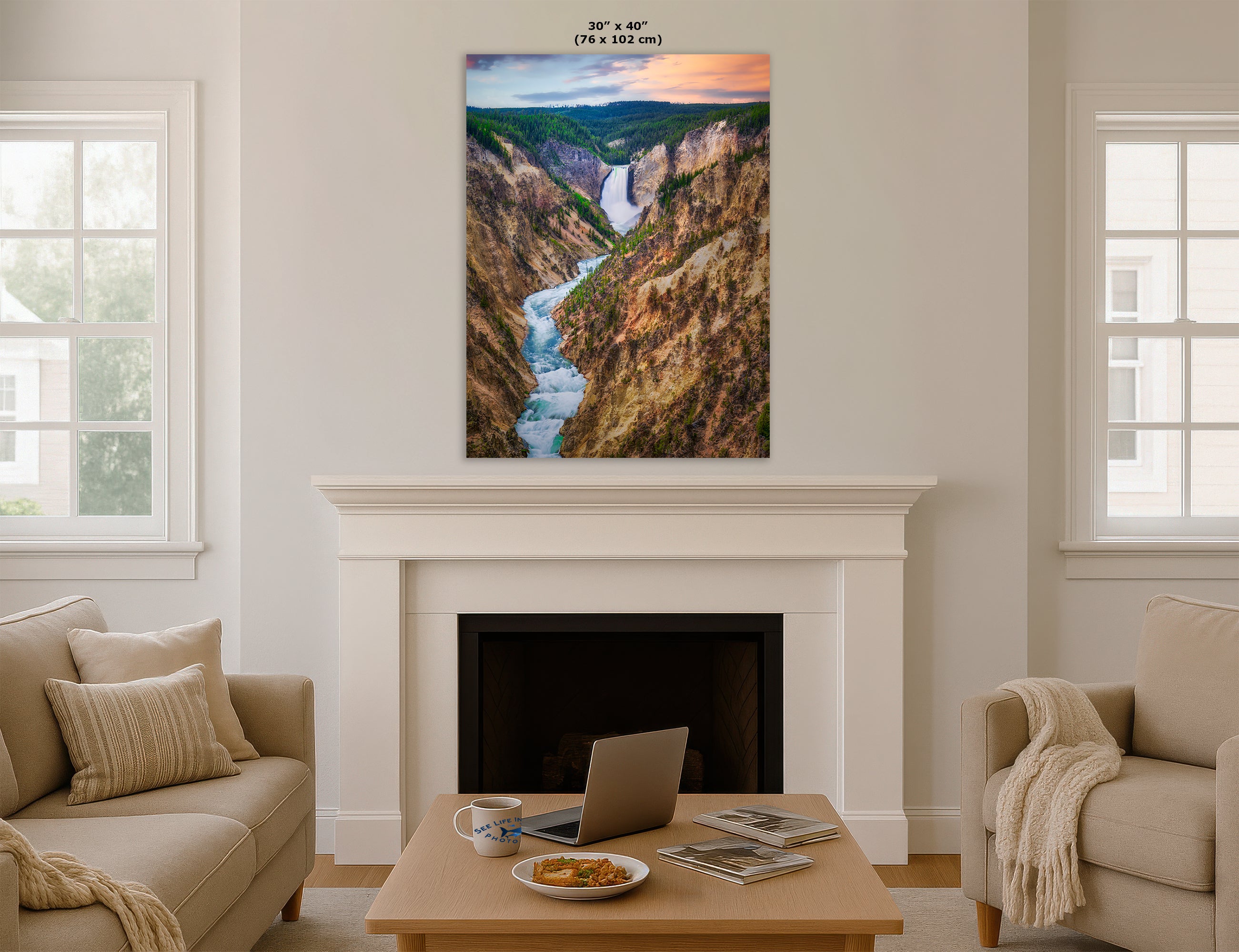 Yellowstone Falls National Park Canyon Waterfall Picture Nature Photo Relaxation Artwork Bohemian Style Wyoming Landscape, Meditation & House Decor
