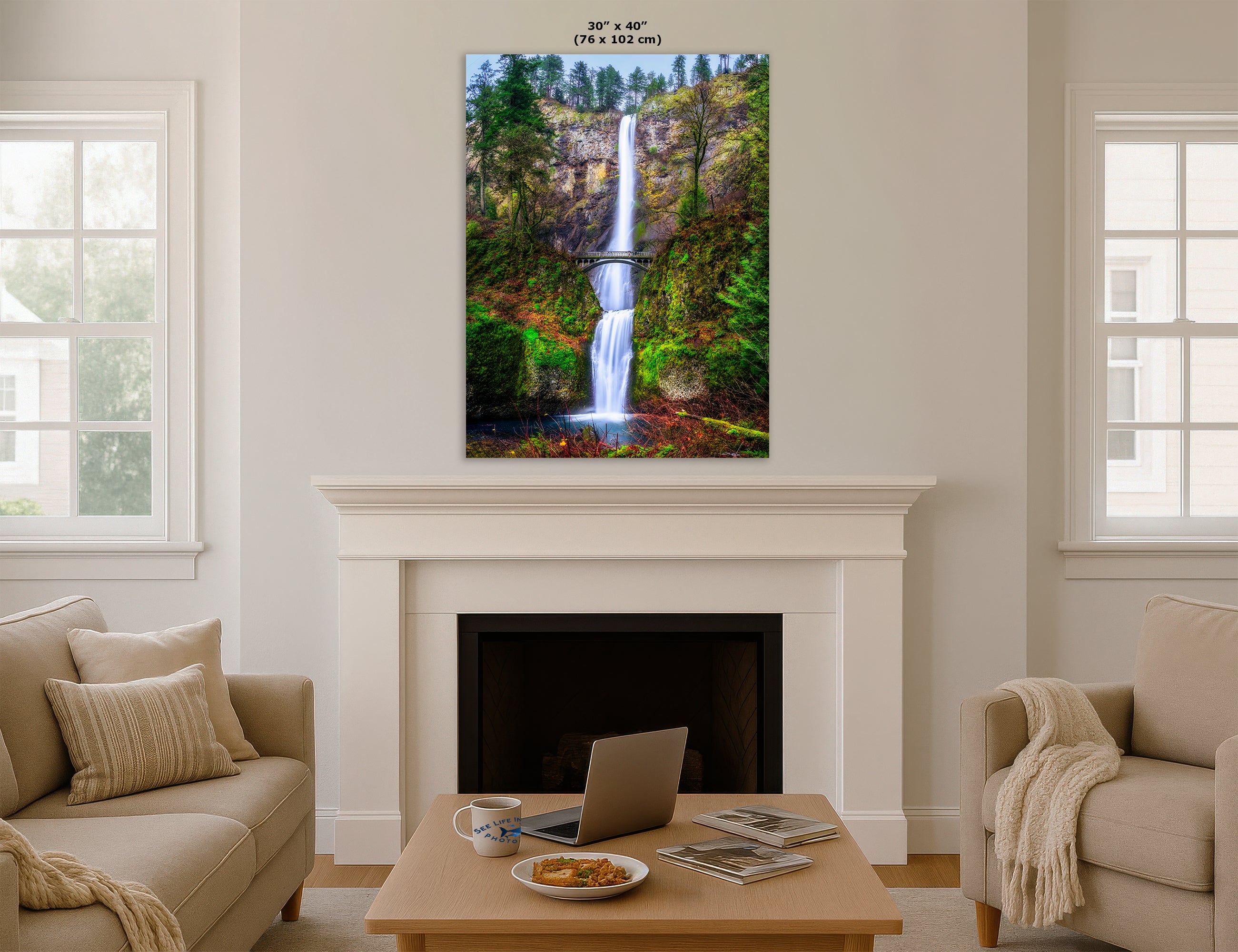 Multnomah Waterfall Picture Nature Photo Wall Art, Pacific Northwest Oregon Relaxation Artwork