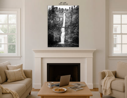 Multnomah Waterfall Picture Nature Photo, Black and White, Pacific Northwest Oregon Picture Relaxation Artwork, Columbia River Gorge for Meditation, House