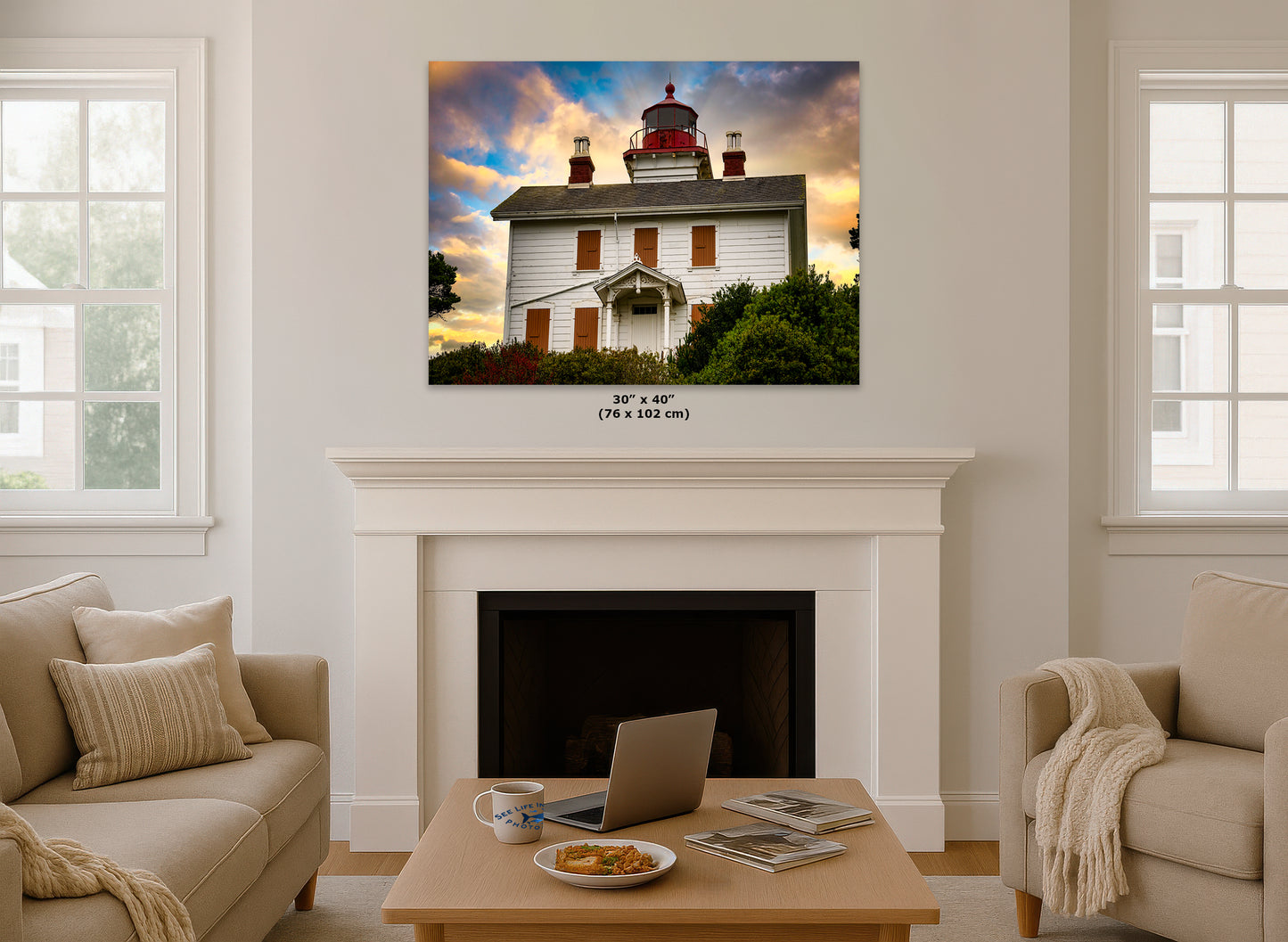 Yaquina Bay Lighthouse Picture, Oregon Coast Ocean Picture, Pacific Northwest Beach Photo Wall Art for Office and Relaxation